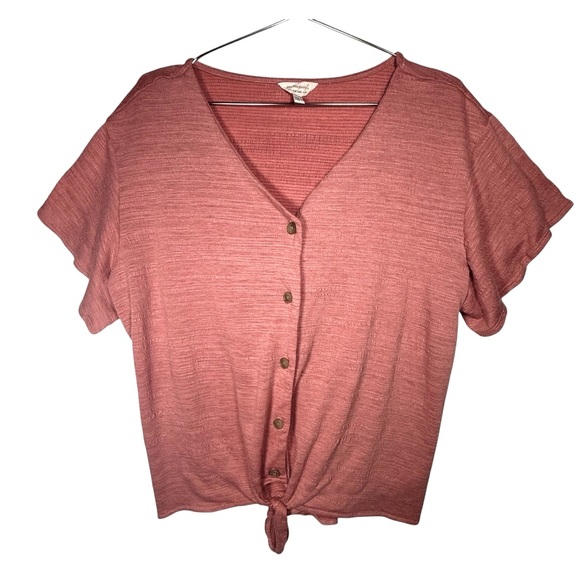 Weatherproof Vintage Women's Pink‎ Salmon Tie Front Button V-Neck Short Sleeve - Picture 2 of 16